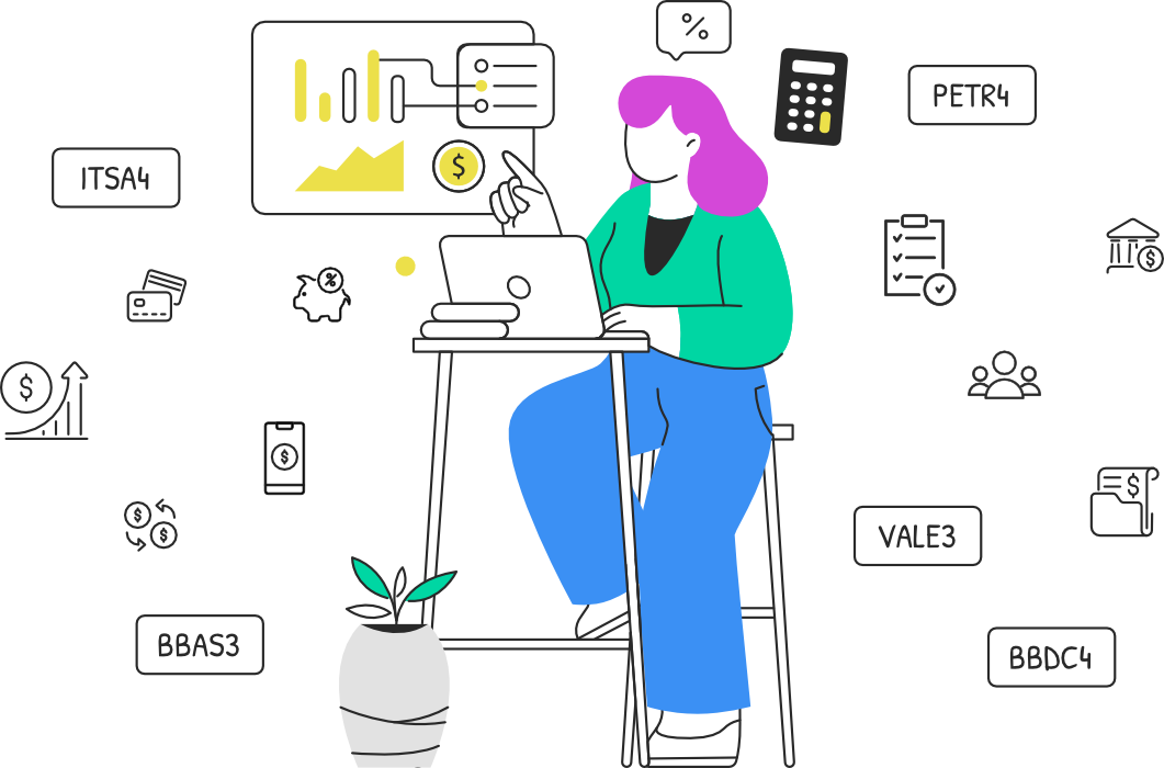 Ilustração de uma mulher analisando gráficos financeiros de uma plataforma de controle financeiro no notebook, cercada por ícones de investimentos e tickers de ações como PETR4, VALE3 e BBAS3